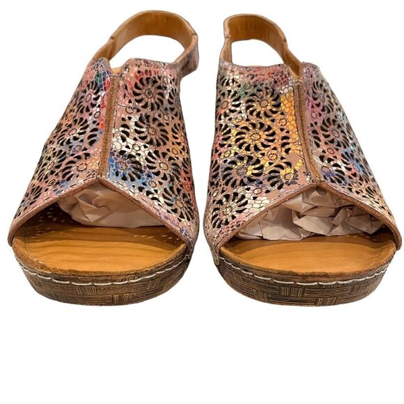 BONAVI Genuine Leather Lace Cutout Slingback Wedge Open Toe Sandals - Picture 6 of 10